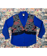 Vtg 80s 90s Ozark Mountain Blue Cotton Button Down Fringe Shirt Sz S/M W... - £38.66 GBP