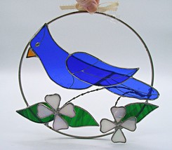 Stained Glass Blue Jay Blue Bird Floral Suncatcher Hanging Window Decor Blue 9&quot; - £31.55 GBP