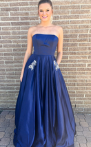 Strapless A-line Royal Blue Satin Prom Dress beaded Floor Length Evening Dress - £111.82 GBP
