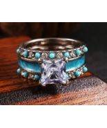 Silver plated Turquoise and Rhinestones Ring Set 3 NEW Size 8 - £7.16 GBP