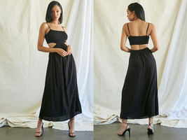 L Forever 21 Black Maxi Dress Women waist side back CutOut Smocked Adj Strap NWT - £22.90 GBP