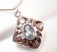 Blue Topaz Pendant Small Faceted 925 Sterling Silver Floral Filigree Style New - $13.49