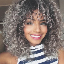 Doren Loose Deep Curly Synthetic Wigs for Women Fluffy Curls, Black and Grey - $20.99