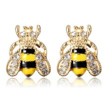 Cute Honey Bee Earrings Post Stud Pair New Yellow Black Enamel Bling Rhinestone - £6.25 GBP