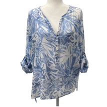 Grand &amp; Greene Blue White Tropical Sheer Tunic Blouse L Roll Tab Sleeve Top - €15,40 EUR