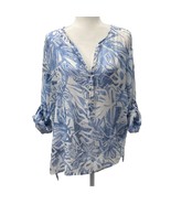 Grand &amp; Greene Blue White Tropical Sheer Tunic Blouse L Roll Tab Sleeve Top - $24.45 CAD