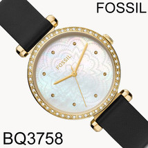 NIB Fossil BQ3758 Tillie Three-Hand Black Leather Watch Pearl Gold $129 Retail - $64.34