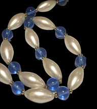 Vintage Signed Monet Faux Creamy Pearl &amp; Gold Tone Beads, Long Link Necklace 34” - £74.62 GBP