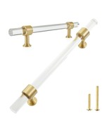 5 NEW Acrylic Cabinet Pulls Brass Base, Gold Modern Handles, 6-1/4-inch ... - $12.74