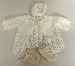 Vintage handmade crochet knit baby outfit sweater booties bonnet  - £16.04 GBP