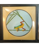 Vintage 1977 Finished Frog On Grass Needlepoint Crewel Framed EUC, Large - $34.00
