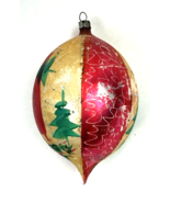 Vintage Jumbo 6&quot; Christmas Ornament Teardrop Glass Large Gold Red Tree P... - €42,86 EUR