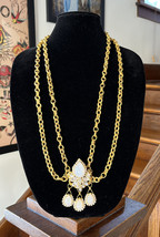 Juliana High Dome Lucite Opal Cabochon Rhinestone Dangle Pendant Chain Necklace - £315.74 GBP