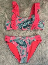 Breaking Waves Girls Bikini Swimsuit Size 12 Pink Blue Palm Print Ruffle Strap - £8.61 GBP