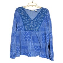 Canyon Retreat Womens Top XL Blue Embroidered Floral Vneck Long Sleeve B... - $18.81