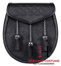 Scottish Semi Dress Black Embossed Kilt Sporran Gothic Three Tassel Sporran Bag - £30.81 GBP