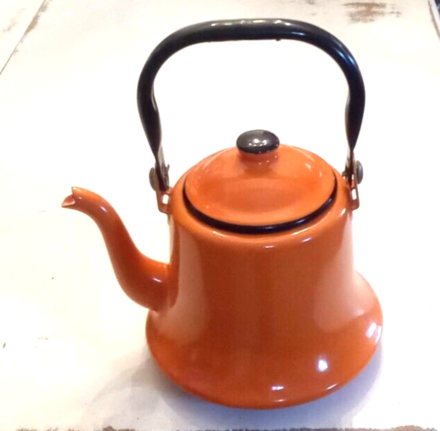 OTO Orange &amp; Black Enamel Teapot Swing Handle MCM VTG Kettle Japan Ename... - $32.61