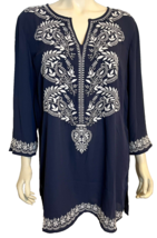 NWT Charter Club Navy Blue with White Embroidery V neck 3/4 Sleeve Pullover XL - £22.91 GBP