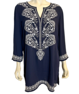 NWT Charter Club Navy Blue with White Embroidery V neck 3/4 Sleeve Pullo... - £22.82 GBP