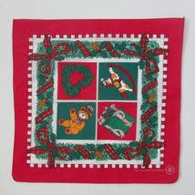 Vintage Christmas Cotton Bandana Made In USA Square Scarf Red Border - $17.80