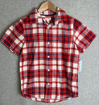 Cat &amp; Jack Small 6-7 Boys Short Sleeve Plaid Shirt Red White Blue Cotton - £5.96 GBP