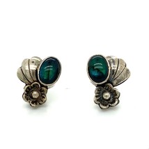 Vintage Signed Sterling Southwest Navajo Oval Abalone Flower Bloom Stud Earrings - £29.61 GBP