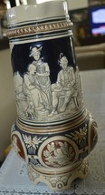 Antique Stoneware German Pitcher, relief, blue salt glaze, music box, 11-1/4” - £59.94 GBP