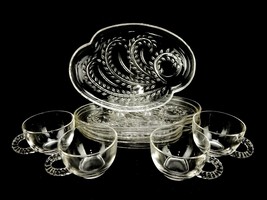 Federal Glass Snack Set, 4 Plates &amp; 4 Cups, Homestead Pattern, Original Box - £39.12 GBP