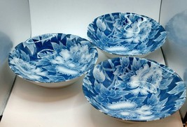 ASIAN Japanese Porcelain Blue/White Floral Ramen Bowls Set Of 3 - £23.36 GBP