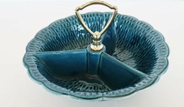 Vintage MCM blue textured art pottery divided handled candy nut dish mad... - $24.99