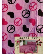 PINK COOKIE HEARTS PEACE SIGNS NOTEBOOK 4PC FULL SHEETS BEDDING SET NEW - £32.22 GBP