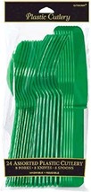 Festive Green Assorted Plastic Cutlery Set (24 Count) - Durable &amp; Eco-Friendly D - £10.44 GBP
