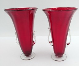 Red Glass Flared Vase With Clear Applied Leaf Handles Art Studio Glass 2 Vases - £43.15 GBP