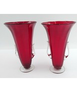 Red Glass Flared Vase With Clear Applied Leaf Handles Art Studio Glass 2... - £42.21 GBP