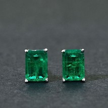 S925 Sterling Silver Green Created Emerald Geometric Rectangle Stud Earrings - £32.81 GBP