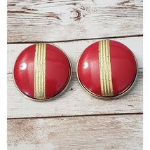 Vintage Clip On Earrings Statement Extra Large Red Circle Gold Tone Stripe - £11.59 GBP