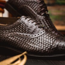 John Classic Oxford Woven Calfskin Genuine Caiman Crocodile Brown image 7