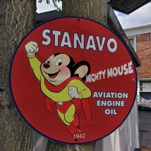 Vintage 1942 Stanavo Aviation Engine Oil &#39;Mighty Mouse&#39; Porcelain Gas-Oil Sign - £98.75 GBP