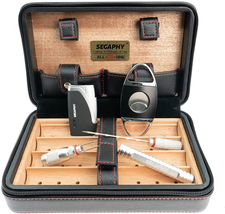 Cigar Humidor with 2-Way Humidity Control,  Leather Travel Case with Lighter,Cig - £88.34 GBP