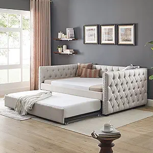 Full Size Daybed With Twin Trundle, Upholstered Tufted Sofa Bed With But... - $968.99