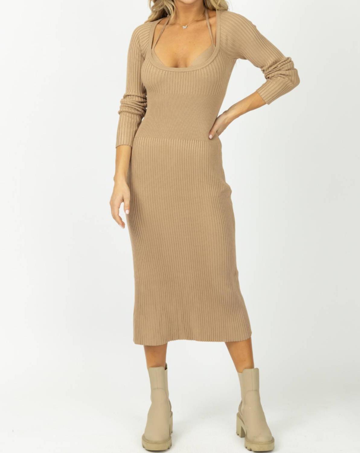 Mable Knit Layered Bra Midi Dress Set Taupe - $48.00