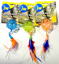 3 Pack Blue Yellow Orange Lattice Balls With Tail Feathers Cat Play Toy - £20.60 GBP