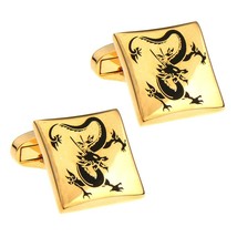 Dragon Cufflinks Square Gold Plate Black With Gift Bag Wedding Groom Fathers Day - £11.15 GBP
