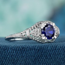 Natural Blue Sapphire and Diamond Vintage Style Ring in Solid 9K White Gold - £1,196.26 GBP