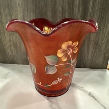 Fenton Art Glass Red Stretch Glass Vase Hand Painted ~ Signed 100 Anniversary - £54.66 GBP