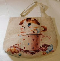 Unbranded Shopping Travel Tote Bag w/ Kitty in a Coffee Cup canvas beige... - £16.21 GBP