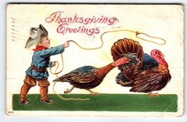 Thanksgiving Postcard Boy Dressed As Cowboy Lasso Rope Wild Turkeys 1908 Vintage - £7.88 GBP
