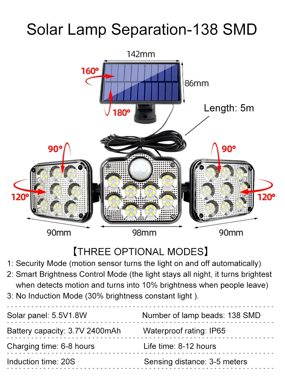 138 SMD Solar Lights Outdoor 3 Head Motion Sensor 270 Angle on Super Bri... - £178.15 GBP