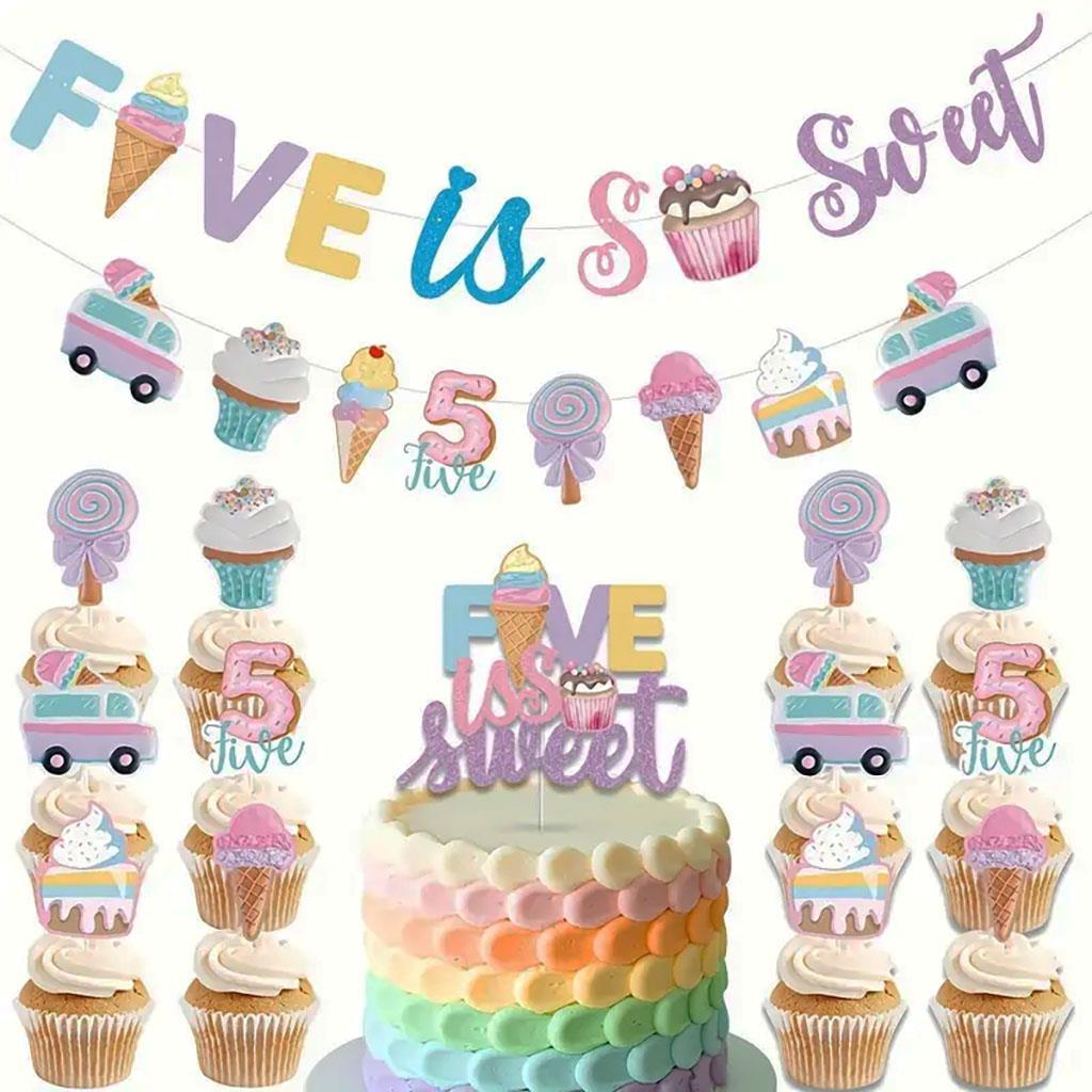 5th Birthday Ice Cream Themed Party Banner Cake Toppers Pics Decoration ... - $7.25