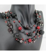 Y2K Victorian Gothic Revival Dark Metal Red Bead Rose Faux Pearl Necklace - $9.88